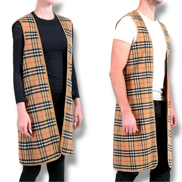 BURBERRYS’ Reversible Wool Warmer Plaid Vest Inner Gilet Tartan Open Front Liner - Picture 11 of 14